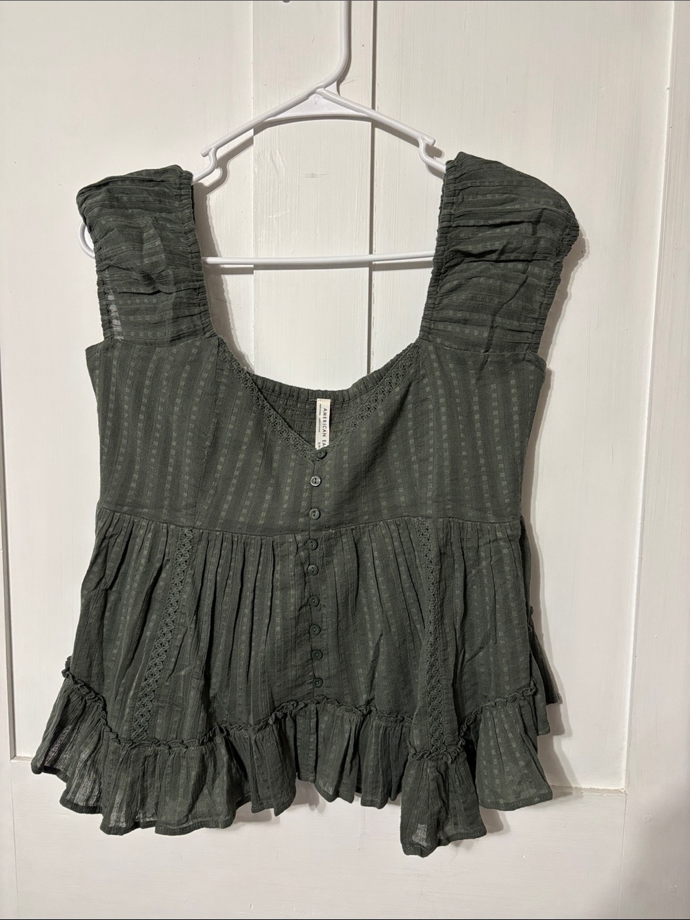 NWT American Eagle Outfitters Olive Green Lace Trim Babydoll Blouse